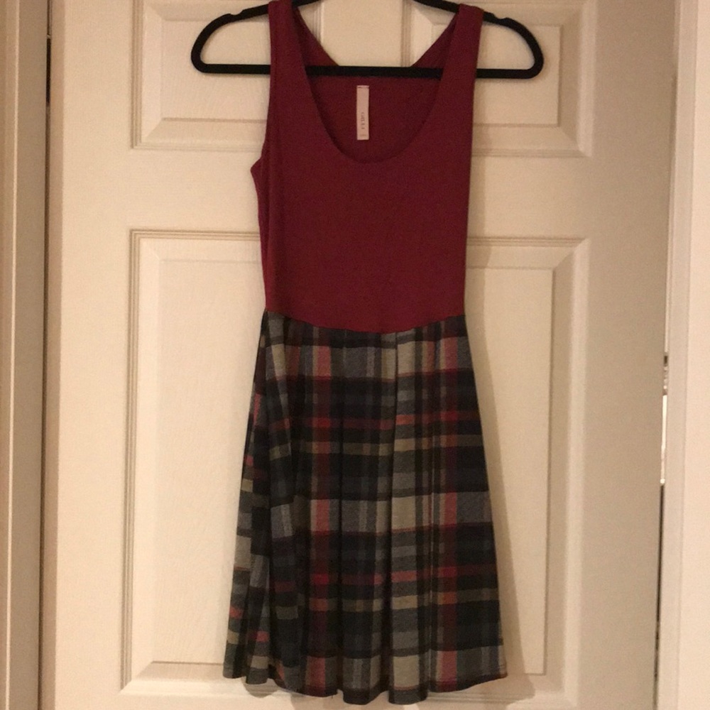 Dark red tanktop dress with plaid skirt